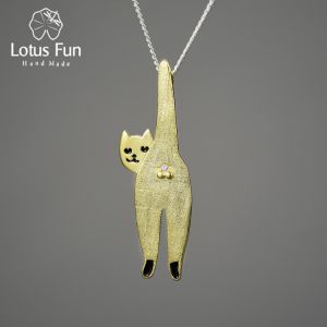Lotus Fun 18K Gold Long Naughty Kitten Cat Pendant 925 Sterling Silver Chains and Necklaces for Women Original Fashion Jewelry