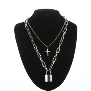 Neck Chain Punk Necklace Women Men Square Lock Cross Pendants Winter Jewelry Metal Padlock Cool  Grunge Goth Accessories