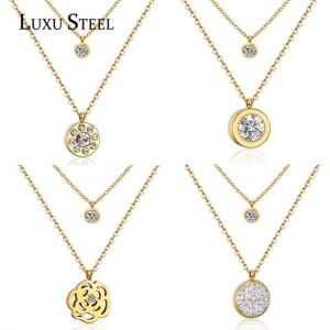 LUXUSTEEL Round AAA Cubic Zirconia Double Round Pendants Necklace Stainless Steel  Chain Necklace Wedding Jewelry