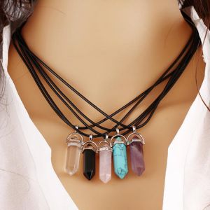 HOMOD Geometric Black Leather Tattoo Choker Necklace for Women Fashion Big Stone Beads Pendant Boho Gothic Jewelry Gift