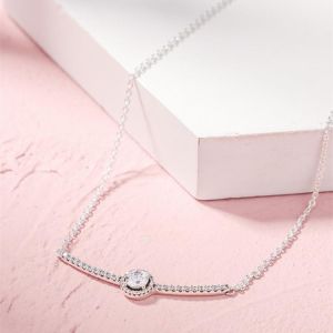925 Sterling Silver Round Sparkling Bar Pendant Necklace Fit Woman European Pandora Style Jewelry
