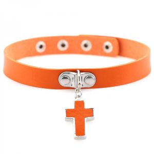 Simple Orange Red Black Rose Pink Leather Ban Cross Pendant Charm Button Adjustable Choker All-match Necklace Women's Jewelry