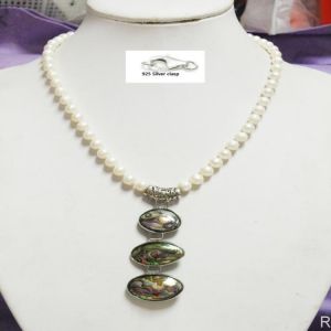 Perfect !!! 7-8MM white AAA freshwater pearl + abalone shell pendant  Classic necklace 19"