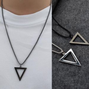 Simple Black Geometric Triangle Pendant Men's Necklaces Stainless Steel Punk Neck Male Jewelry with 24 Inch Chain
