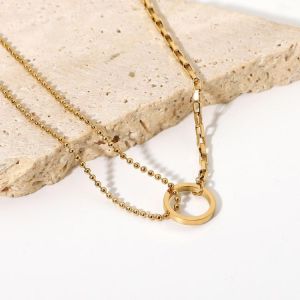 Minar 2021 New Hollow Metal Round Pendant Necklace for Women Ladies Asymmetry Double Layered Beaded Necklace Accessories