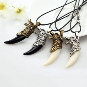 Men Antique Tribal Carved Wolf Fang Tooth Pendant Faux Leather Rope Necklace fashion