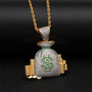 Creative Fashion Cash Coins Zircon Purse Pendant Necklace Hip Hop Men's Rock Party Jewelry