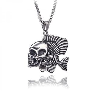 2021O European and American Retro Fishbone Skull Pendant Domineering Men's Necklace Wholesale