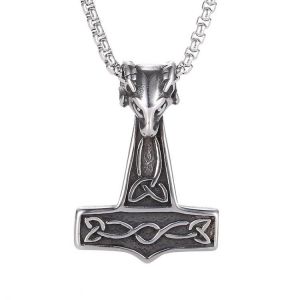 Punk Norse Viking Jewelry Mjolnir Thor's Hammer Sheep Head Pendant Necklace Male Stainless Steel Link Chain Necklace Men SP04