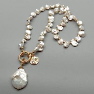YYGEM Romantic style natural Top-Drilled Cultured White Keshi  Pearl choker Necklace Coin Pearl Charm pendant 18" for women