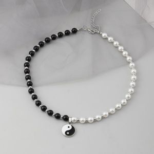 New Arrival Hip Hop Tai Chi Necklaces Womens Black Beads White Pearl Gossip Pendant Necklaces Jewelry For Girls