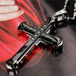 New Male Crystal Cross Jesus Pendant Gold Black Zirconia Cross Pendant Necklace Stainless Steel Jewelry For Men Gift