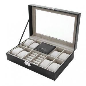 High Quality Watch Box Large 11 Grids Mens Black PU Leather Display Jewelry Case Organizer Box Storage Case with Lock and Mirror