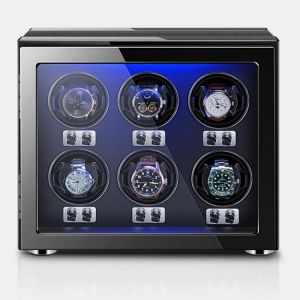 6 Watches Wooden Baking winder holder rotator box automatic watches display Wood Leahter winding watch box shaker Mabuchi motor