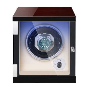 Ebony Baking Finish Watch Winder with Quiet Motors 1+0 Storage PU Leather Vertical knob + LED Light + Cover Opening Self Stop