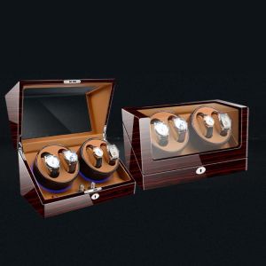 4 Slots Red Wood inside Brown Watch Box Automatic Watch Winder Rotator Holder Watch Winding Storage Case Display Box Organizer