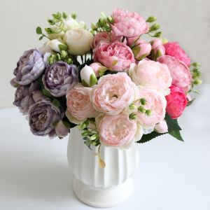 Artificial Flowers Rose Pink Silk Peony Bouquet 5 Big Head and 4 Bud Cheap 30cm Fake Flowers for Home Wedding Decoration indoor