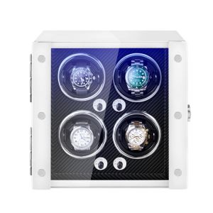 Wooden Watch Winder White Paint  Black PU LED Blue Light 5 Modes Quiet Motor Storage Box Practical Automatic Watches