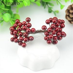 25pcs/50 Heads 0.7cm Mini Fake Fruit Small Double heads Berries Artificial Flower cherry  Stamen Wedding Christmas Decorative
