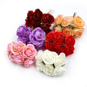 6PCs/lot 4cm Mini Rose Artificial Flowers Bouquet for Wedding Home Decoration DIY Handcraft Gifts Box Wreath Scrapbooking Flower