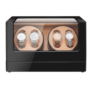 JQUEEN 4 Watch Winder for Automatic Watches with Extremely Quiet Motor Black Baking Finish  Interior Brown PU Leather