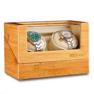 5 Modes Bamboo Wood Watch Winder with Quiet Motors 2+0 Storage White PU Leather Interior High Quality AC adapter