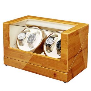 JQUEEN Bamboo Wood Automatic Quad 4+0 Watch Winder with Double Quiet Mabuchi Motors 5 Working Modes