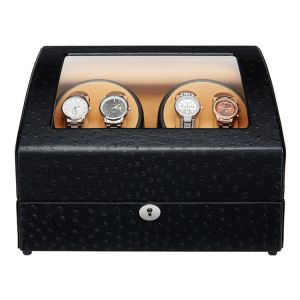 Good Quality 4 Automatic Watch Winder with 6 Storage Case Black Ostrich Pattern 5 Modes
