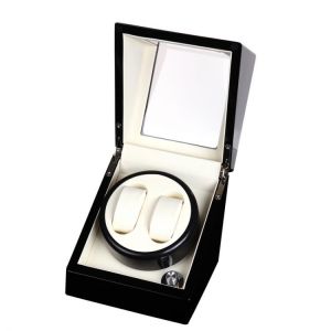 2+0 Glossy Wood Balck Paint White Leather Inside Watch Winder Box,Watch Winding Box Winder