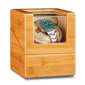 BONLAVIE Single Watch Winder with Quiet Motor 5 Working Modes Bamboo wood Interior White PU Leather Ultra-quiet Japanese motor
