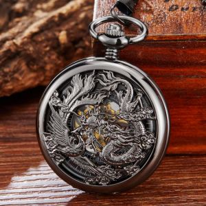 Mechanical Pocket Watch Dragon Play Ball Steampunk Skeleton Hand-wind Flip Clock Fob Watch With Chain For Men Women Collection