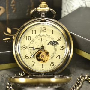TIEDAN Luxury Skeleton Bronze Retro Antique Skeleton Mechanical Pocket Watch Men Chain Necklace Business Pocket & Fob Watches