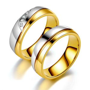 Gold Silver Color Cubic Zirconia Couple Rings 6mm Polished Stainless Steel Engagement Wedding Ring for Women Men Fashion Jewelry