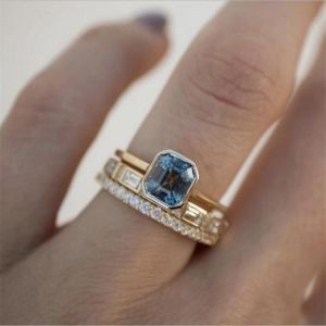3pcs Acid Blue Crystal Rings for Women Fashion Yellow Gold Color Wedding Women&#x27;s Ring Luxury Brand Jewelry Gifts Accessories