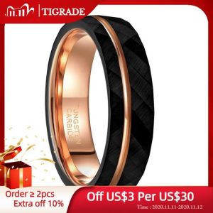 Tigrade 6mm 8mm Black Tungsten Rings for Men Women Thin Rose Gold Groove Hammered Wedding Band Ring Comfort Fit Size 5-14