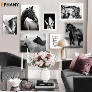 Wild Animal Wall Art Black White Horse Posters and Prints Modern Quote Canvas Painting Pictures for Living Room Home Decor