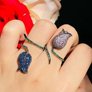 CWWZircons Two Tone Cubic Zirconia Trendy Royal Blue Rose Flower Adjustable Open Ring for Women Engagement Wedding Jewelry R193