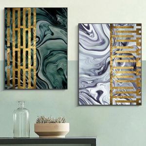 Nordic Luxury Golden Line Gray Green Oil Painting Canvas Printing Wall Art Pictures Poster Cuadros Living Room Home Decoration