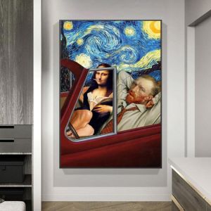 Funny Van Gogh and Mona Lisa Smoking Canvas Painting Posters and Prints Wall Art Pictures for Living Room Decoration Cuadros