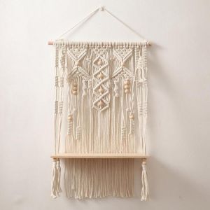 Macrame Tapestry Rack Hand-Woven Tapestry Wooden Shelf For Wall Bohemian Decorative Shelf Potted Plants Wall Hanging Shelf