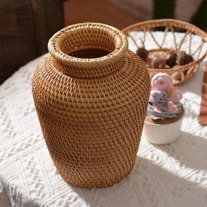 Country Style Home Decor Plant Flower Vase Wicker Vase Rustic Woven Rattan Vase Flower Basket Pot For Living Room Decoration