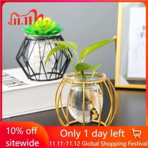 Metal geometry Hydroponic Vase Nordic Home Decoration Vase Living Room Bedroom Office restaurant Green dill Vase Terrarium Decor