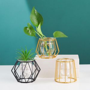 Nordic Styles Iron Line Flower Vase Terrarium Retro Metal Plant Holder Table Flower Pot Modern Geometric Iron Vase Home Decor