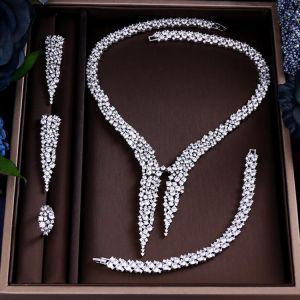 JaneKelly Luxury Sparking Brilliant Cubic Zircon Drop Earring Necklace Heavy Dinner Jewelry Sst Wedding Bridal jewelry sets