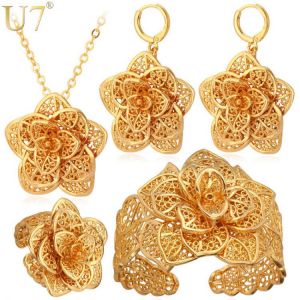 U7 Dubai Flower Jewelry Sets Gold Necklace Cuff Bracelet Drop Earrings & Ring Bridal Wedding Jewelry Set For Women Gift S56
