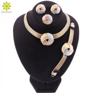 African Dubai Gold Bridal Jewelry Sets for Women Bracelet Earrings Wedding Party Crystal Necklace Ring Jewelry Sets