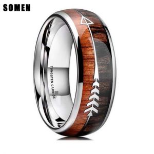 Somen 8mm Natural Wood & Arrow Design Tungsten Ring For Men&#x27;s Wedding Band Engagement Ring Dome Style Minimalis Available