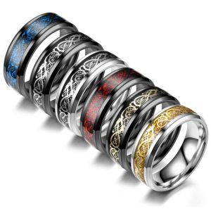 Vintage Stainless Steel Wedding Ring For Men Punk Dragon Ring Blue Black Color Fiber Ring Delicate Engagement Fashion Jewelry