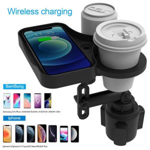 4 in 1 Mintiml Cup Holder Expander Adapter Rotatable Wireless USB Charging Tray for Vehicle Phone Organizer Drinking Bottle Tray