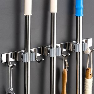 Wall Mounted Broom Holder Stainless Steel Mop Brush Mops Storage Hanger with Hook Multifunctional Kitchen Bathroom Organizer